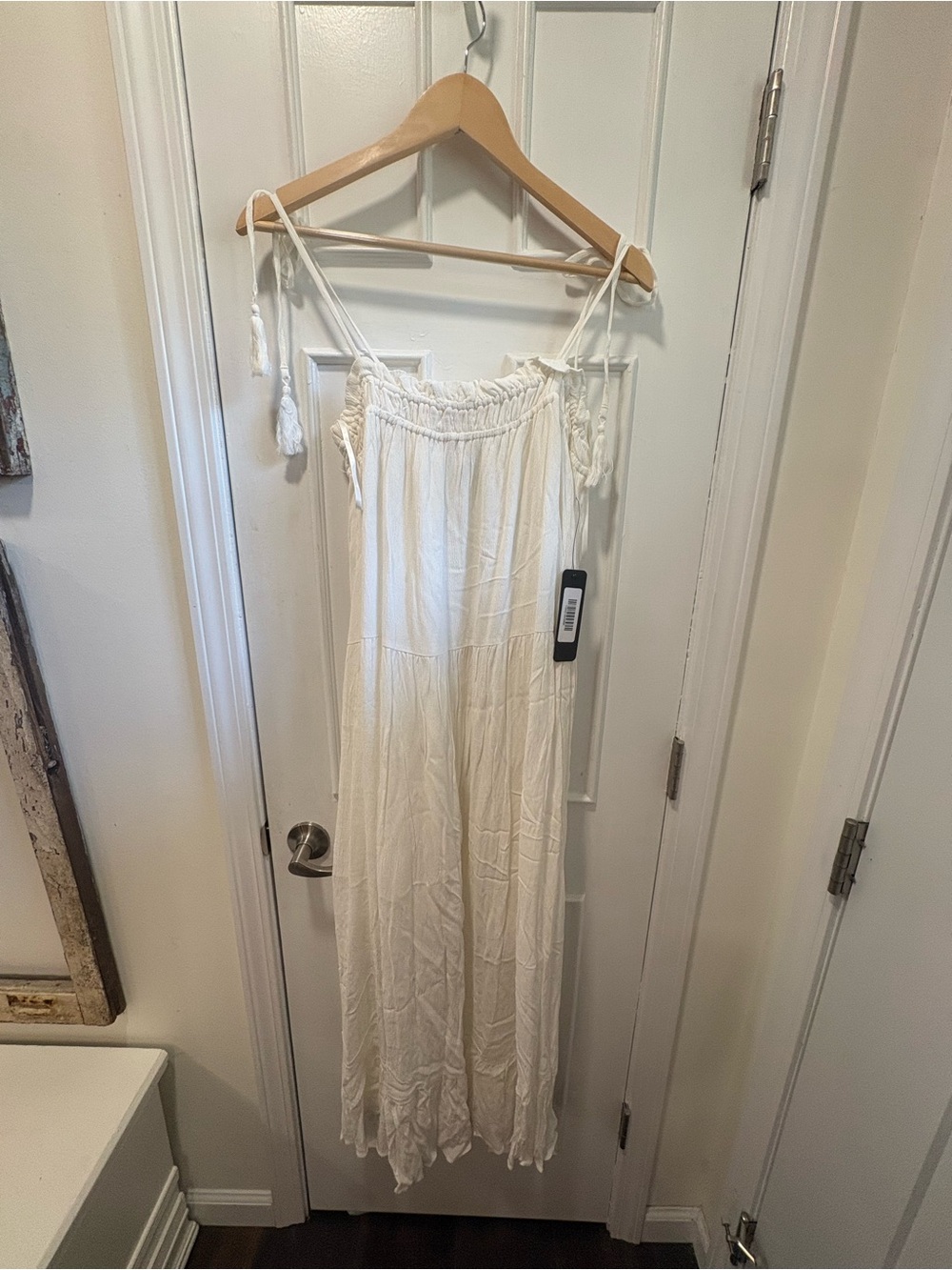 Vici White Smocked Tiered Maxi Dress with Tie Straps